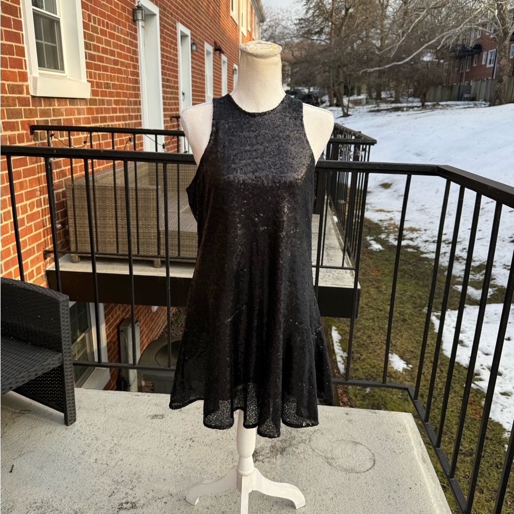 Free People Dress Black Liquid Shine Sequin Keyhole Back Size Small
